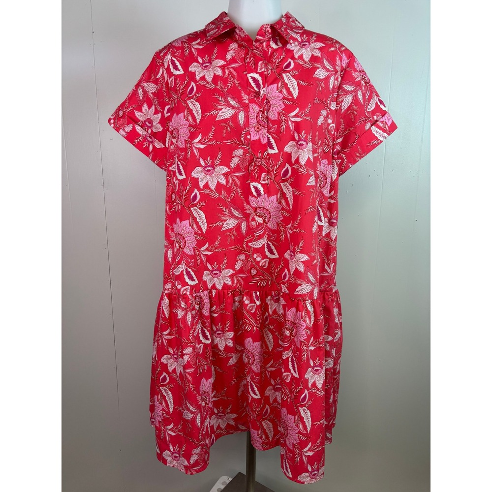 Ophelia Roe Shirt Dress Large Pink Floral Tiered Drop Waist Short Sleeve Women